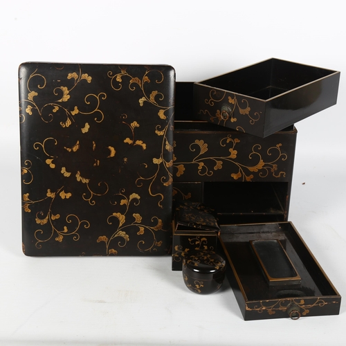 19 - A Japanese black lacquered and gilded jewel/dressing table box, fitted with 3 drawers, W25cm, H18cm,... 