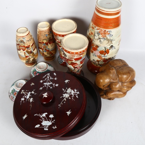 190 - A group of Oriental ware, to include 5 Kutani vases, a mother-of-pearl inlaid lazy Susan etc