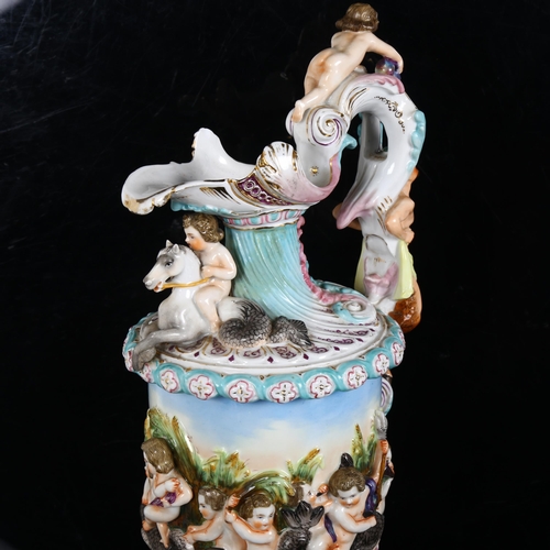 194 - A Victorian Italian figural porcelain ewer, stamped AR to the bottom, with high relief hand painted ... 