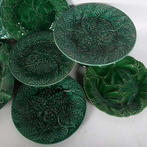 33 - A group of Antique and other Majolica green leaf plates dishes and comport, Copeland and Davenport m... 