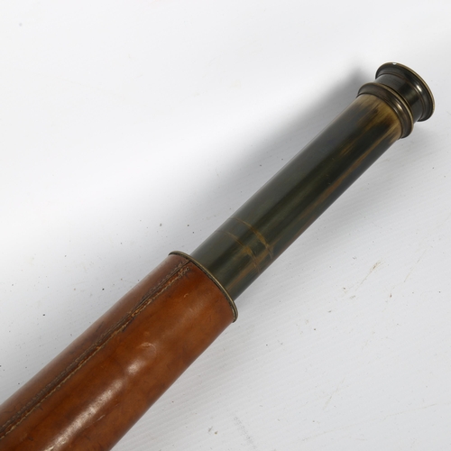 53 - A large leather-covered 3-draw telescope, extended length 113cm