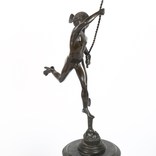 6 - A patinated bronze sculpture of Mercury, on a turned marble base, overall height 43cm