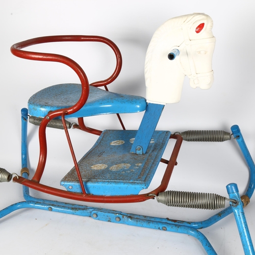 77 - An early 20th century Mobo painted metal sprung rocking horse, L78cm