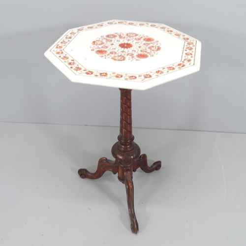 2222 - An octagonal marble-top occasional table on mahogany tripod base, with inlaid mother of pearl decora... 