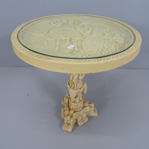 2223 - An oriental style resin circular glass-topped occasional table. 46x51cm.