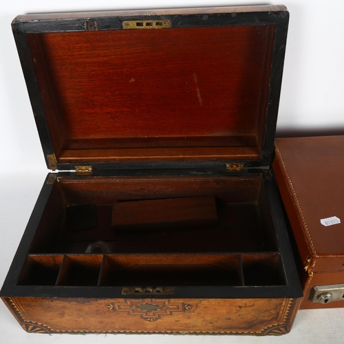 451 - A burr-walnut writing slope with inlaid decoration (A/F), and a small suitcase, L35cm