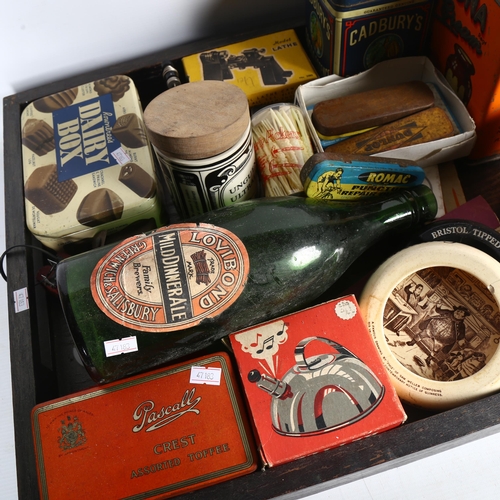 483 - Vintage decorative tins, ashtrays, novelty decanter etc