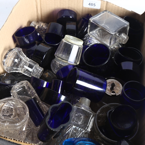 485 - A boxful of Bristol blue glass condiment liners, glass pots and bottles