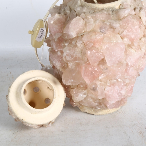 507 - A pottery table lamp with applied rose quartz pieces, H28cm