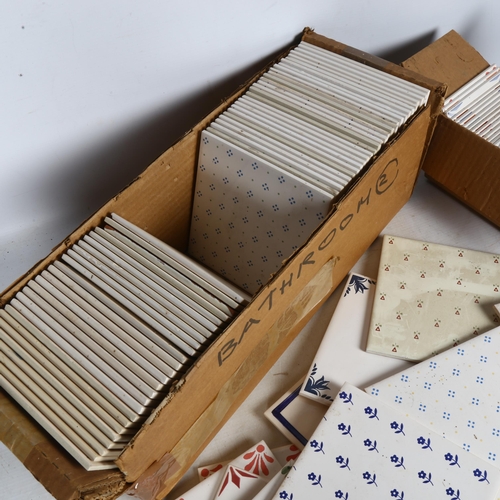 510 - 2 boxes of Rye tiles with various painted motifs, and a box of smaller Rye tiles with foliate design... 