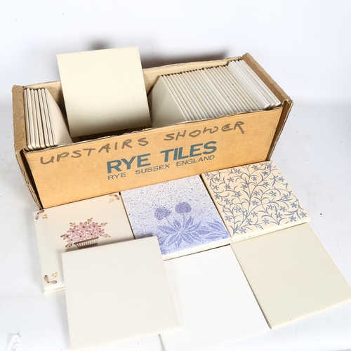 513 - A box of Rye tiles with painted floral designs etc, and a quantity of plain Rye tiles