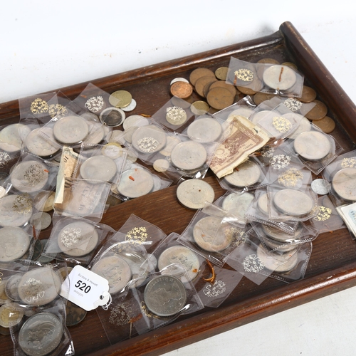 520 - A tray of various coins, including foreign, commemorative, pre-decimal and banknotes