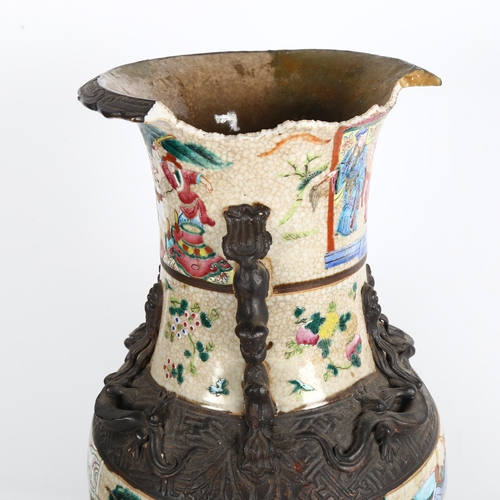 521 - A Chinese crackle glaze vase, with painted figures, H46cm (A/F), on wooden plinth