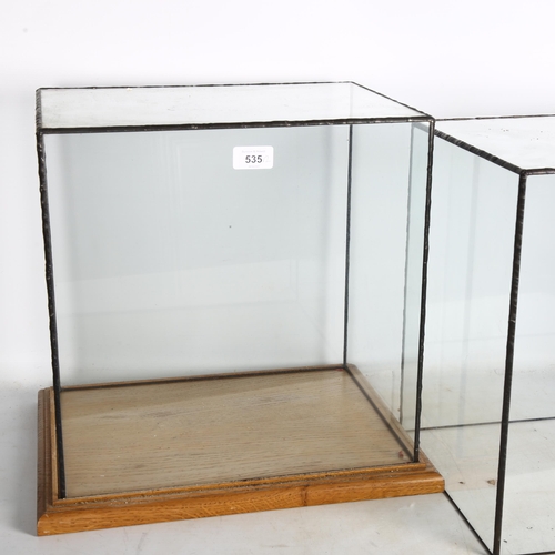 535 - 2 similar large glass display cases, with lead frame, 1 on wooden display plinth, H including plinth... 