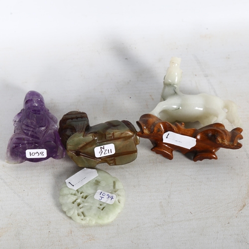 653 - A group of 4 jade and stone Chinese carvings, including a jade Foo dog, H4cm, a jade horse, H8cm, an... 