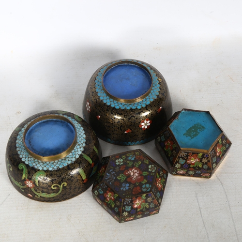 668 - A cloisonne octagonal 2-section box and cover, and 2 cloisonne bowls (3)