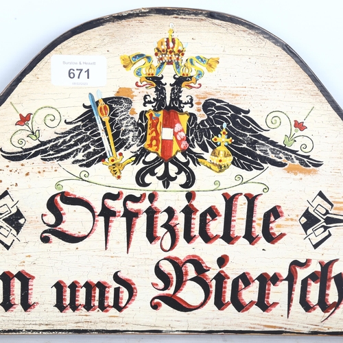 671 - A wooden sign advertising German beer, L46cm, H25cm