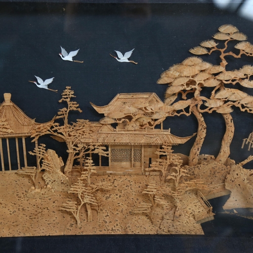 677 - A large Japanese cork relief diorama, with white crane birds, dimensions 92 x 38cm