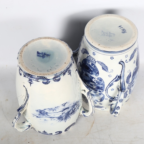 680 - A pair of Royal Bonn blue and white transfer decorated 3-handled vases, height 18cm