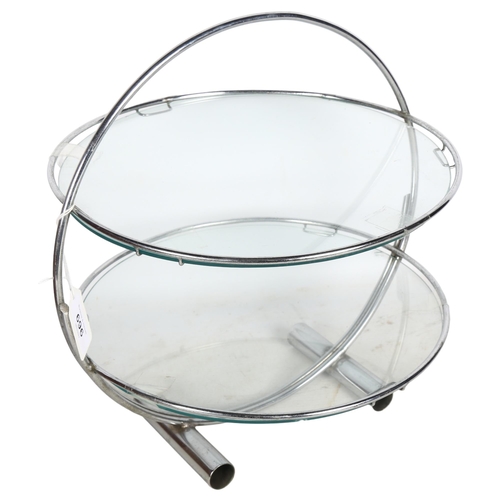 696 - A mid-century 2-shelf glass cake stand, stand height 28cm, shelf diameter 27cm