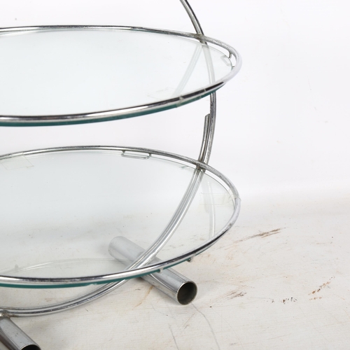 696 - A mid-century 2-shelf glass cake stand, stand height 28cm, shelf diameter 27cm