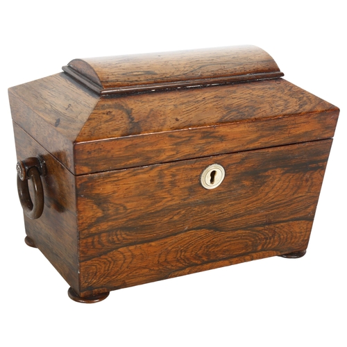 702 - A Regency rosewood tea caddy, with ring handles, inlay missing, H15cm, L20cm, D13cm