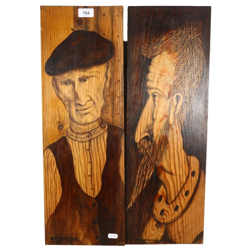 704 - 2 similar hand drawn male figures on pine wood, L61cm (2)