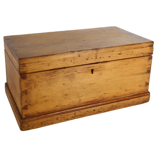 709 - A pine apprentice piece trunk with velvet inlay, no lock, H19cm, L38cm, D22cm