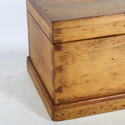 709 - A pine apprentice piece trunk with velvet inlay, no lock, H19cm, L38cm, D22cm