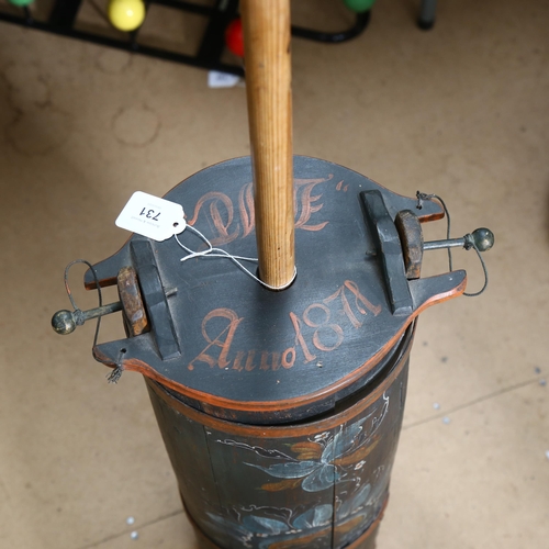 731 - A painted Scandinavian pine butter churn, height of churn 63cm