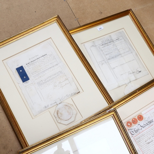 741 - 3 framed Victorian Probates with seals, and an 1894 velum Indenture, framed (4)