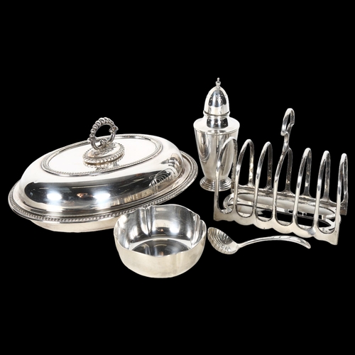 804 - A Mappin & Webb silver plated entree dish and cover, a 6-slice toast rack, a sugar sifter, sifter sp... 