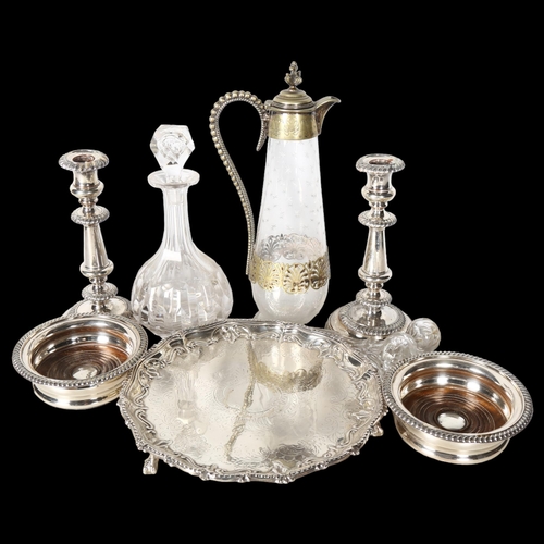 805 - A group of silver plated ware, to include pair of silver plate on copper candlesticks, a cut-glass C... 