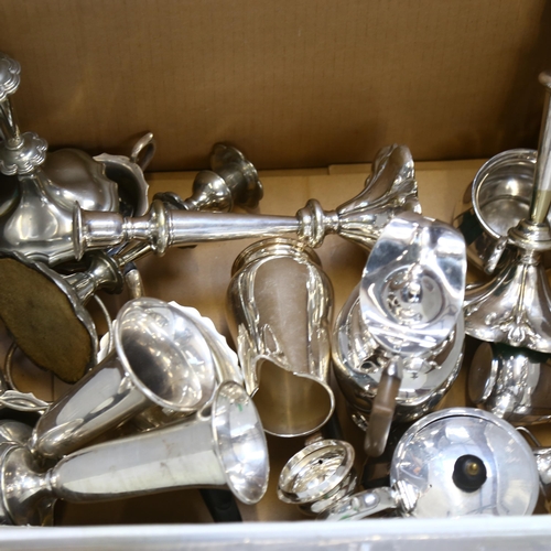 833 - Silver plated tea and coffee ware, candelabra, serving trays etc (boxful)