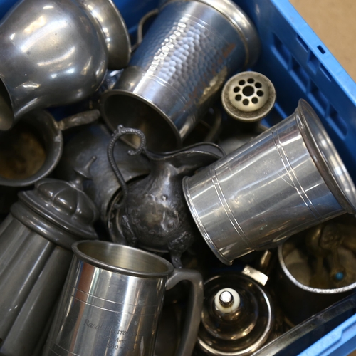 835 - Various pewter tankards, plated teaware, etc (boxful)