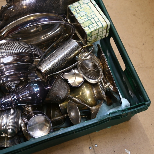 837 - Various half fluted plated teaware, serving trays, water jug, goblets etc (boxful)