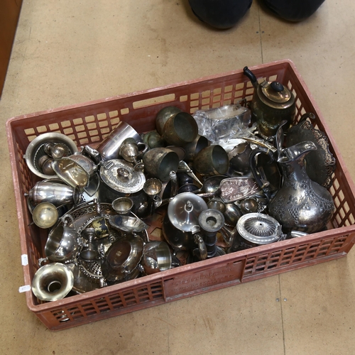 839 - A large quantity of plated ware, to include candelabra, condiments, cruets, pewter tankards etc (2 b... 