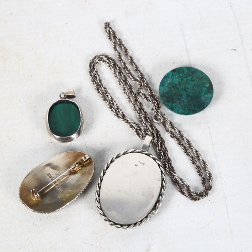 845 - A sterling silver and malachite necklace and pendant, a similar one, and another (3)