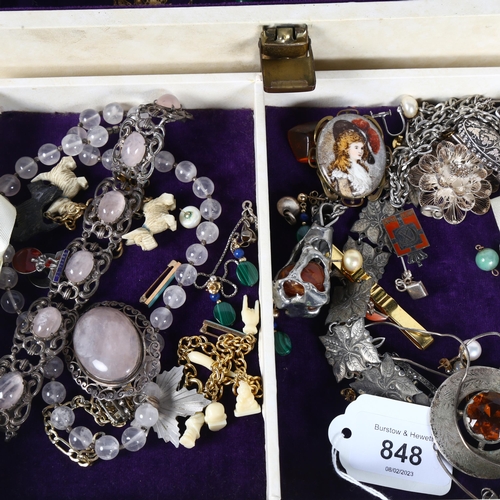 848 - Various silver stone set and other costume jewellery, in a tray fitted jewellery box