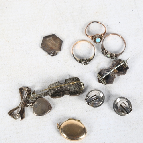 849 - 2 x 9ct gold and silver stone set rings, silver brooches, 9ct back and front locket etc