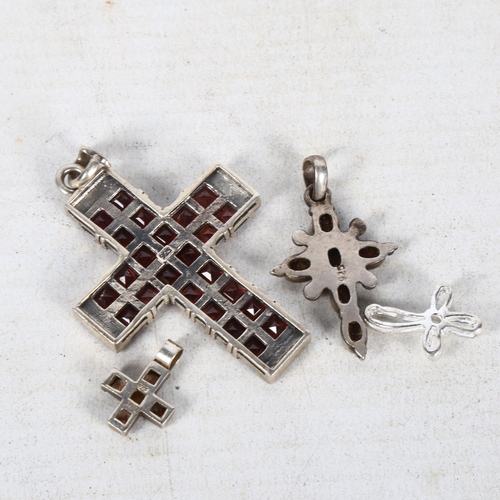 854 - A large sterling silver and stone set crucifix, and 3 other smaller stone set silver crucifixes (4)