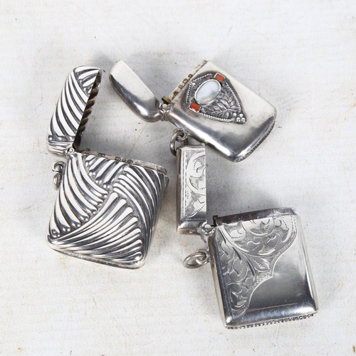 880 - 3 silver Vesta cases, 1 having a mother-of-pearl and coral lozenge