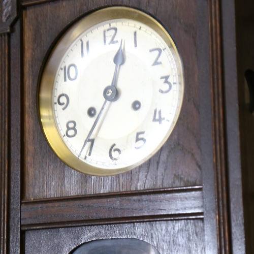 558 - A Vintage oak-cased 8-day drop-dial wall clock, silvered dial with Arabic numerals, case height 70cm... 