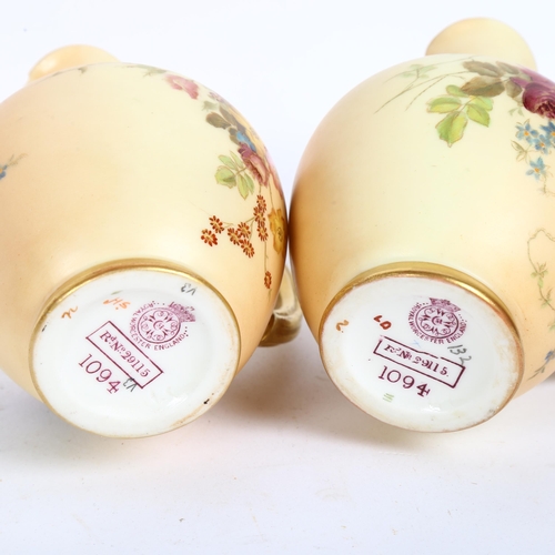 584 - ROYAL WORCESTER - 2 similar Royal Worcester hand painted blush ivory jugs, with floral decoration, H... 