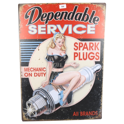 590 - A reproduction tin sign advertising Dependable Spark Plugs, H70cm