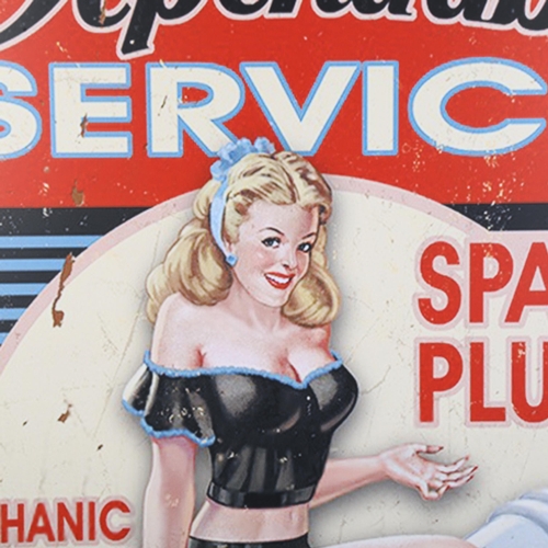 590 - A reproduction tin sign advertising Dependable Spark Plugs, H70cm