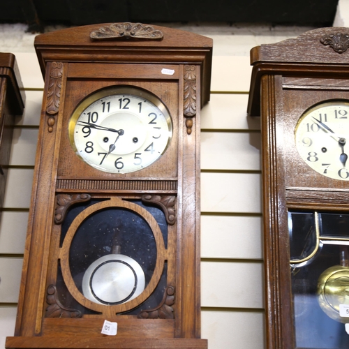 595 - An oak-cased 8-day wall clock, height 74cm, and 2 similar wall clocks