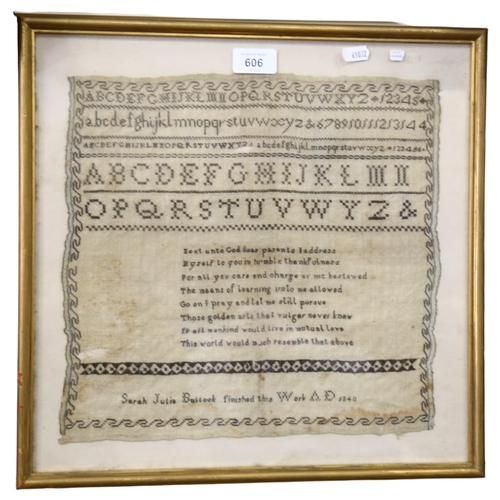 606 - 19th century sampler, by Sarah Julia Bullock dated 1840, framed, 40cm x 40cm overall