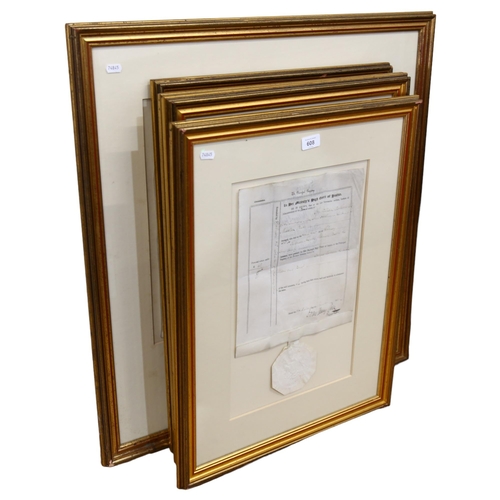 608 - 3 framed Victorian Probates with seals, and an 1894 velum Indenture, framed (4)