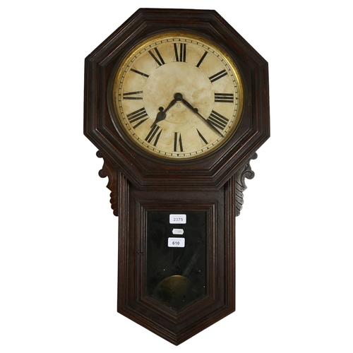 610 - An early 20th century American drop-dial wall clock, by Ansonia of New York, W45cm, H78cm